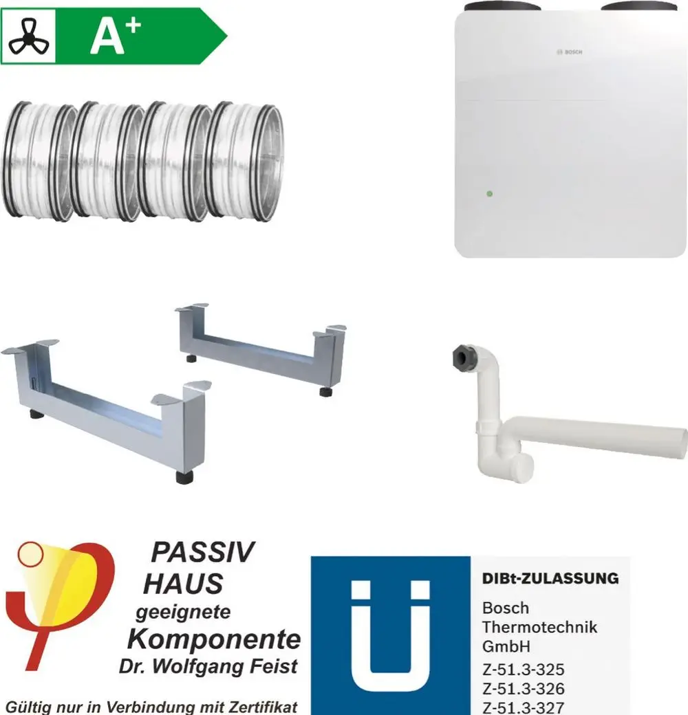 Wandsystem für Wohnungslüftung mit Passivhaus-Zertifizierung, bestehend aus Rohren, Befestigungselementen und einem Bosch Lüftungsgerät.